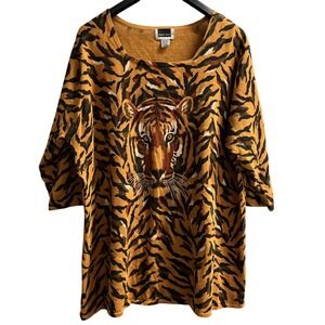 Vintage Maggie Barnes Top Womens 2X Brown  Animal Tiger Print Knit Tunic Artsy